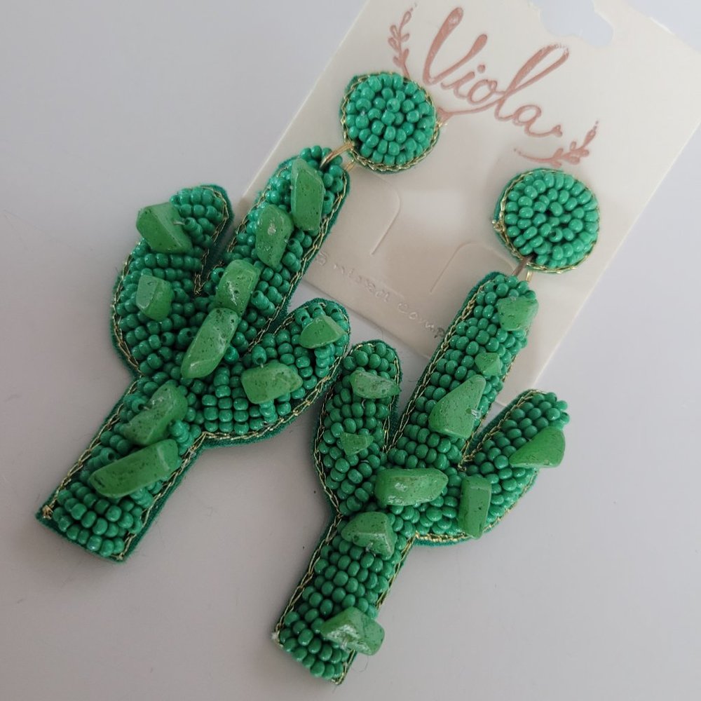 Fashion Cactus Beaded Handmade Boho Seed Bead Hoop Dangle Drop Earrings Green - Picture 4 of 5